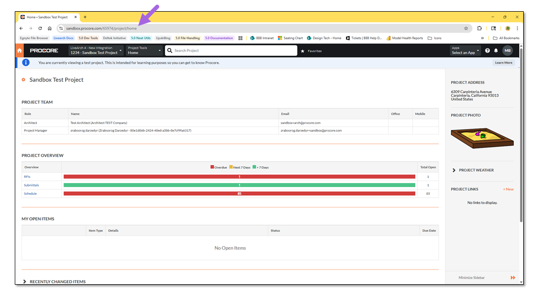 Procore project home page in the browser, the starting point for installation